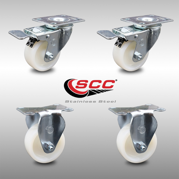 Service Caster 3 Inch SS Nylon Wheel Swivel Top Plate Caster Lock Brake 2 Rigid SCC, 2PK SCC-SSTTL20S314-NYS-2-R-2